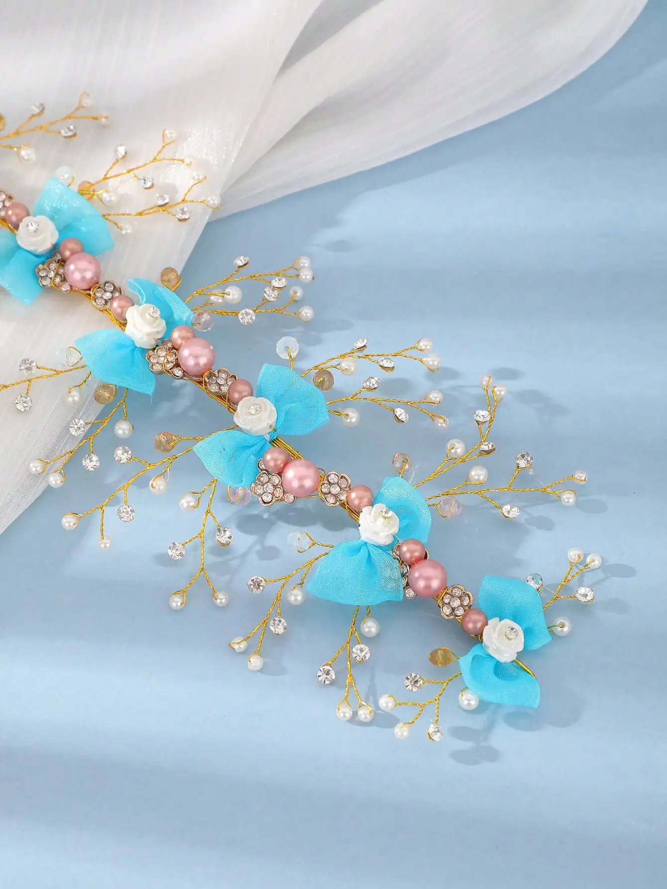 1 Piece of Vintage Elegant Haze Blue Fabric Bow Pearl Headband, Fresh Bohemian Blue Gauze Dress Bridal Wedding Headpiece Accesso