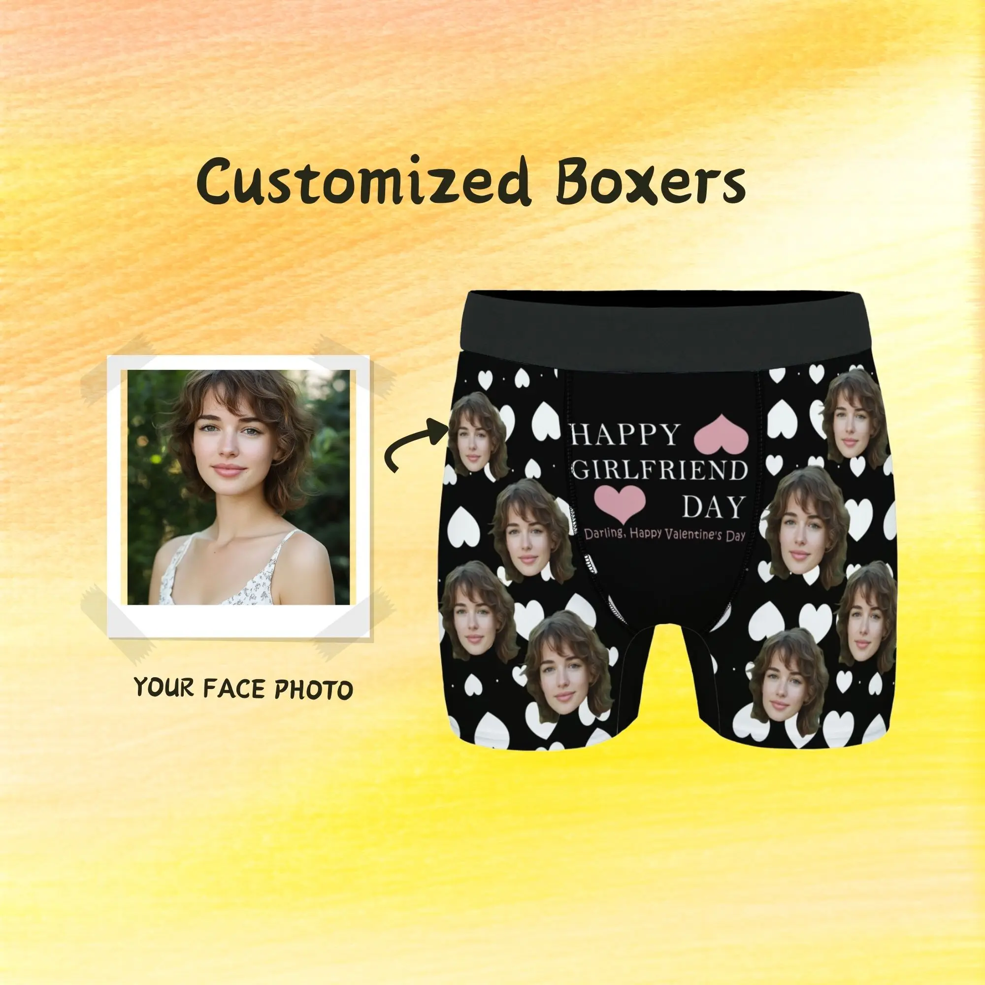 

Gift for Boyfriend Custom Face Boxer Briefs Black White Heart Pattern Print "HAPPY GIRLFRIEND DAY" Sweet Anniversary Present