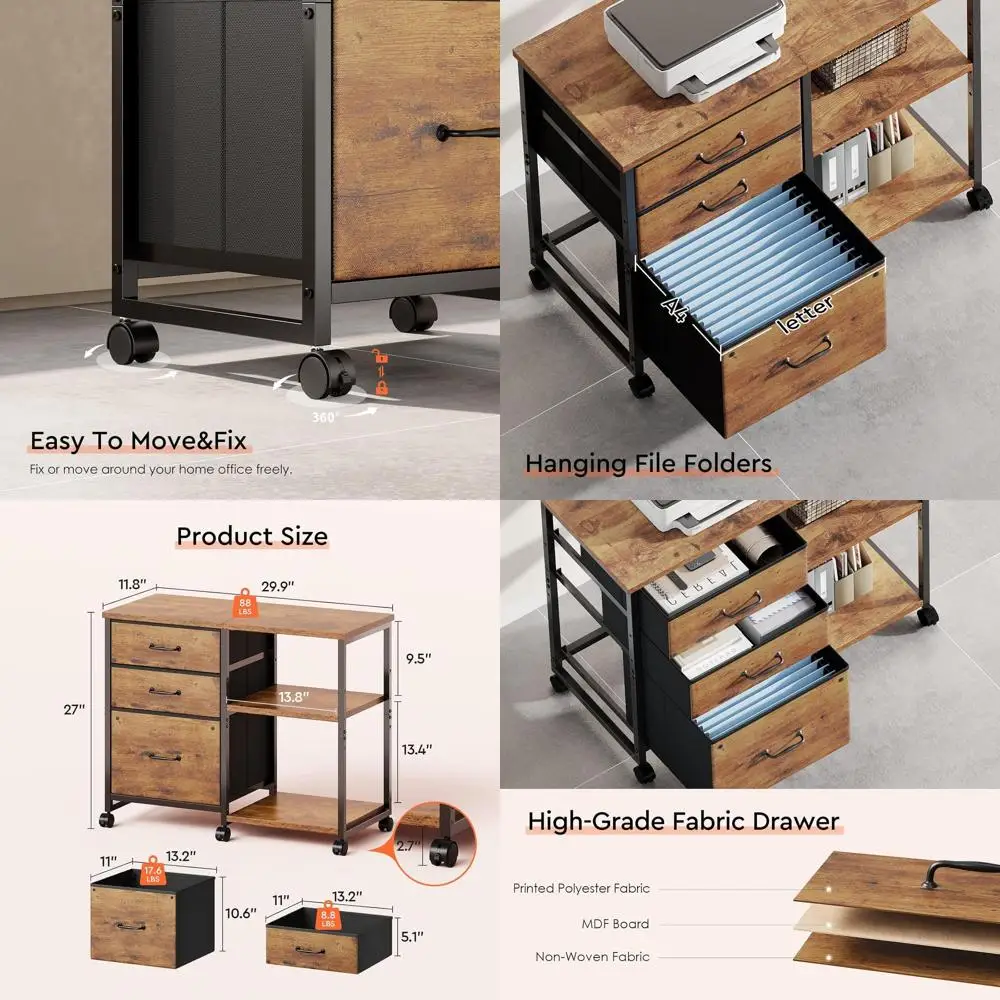 Rustic Brown 3-Drawer File Cabinet on Wheels with Printer Stand and Open Shelf for Home Office