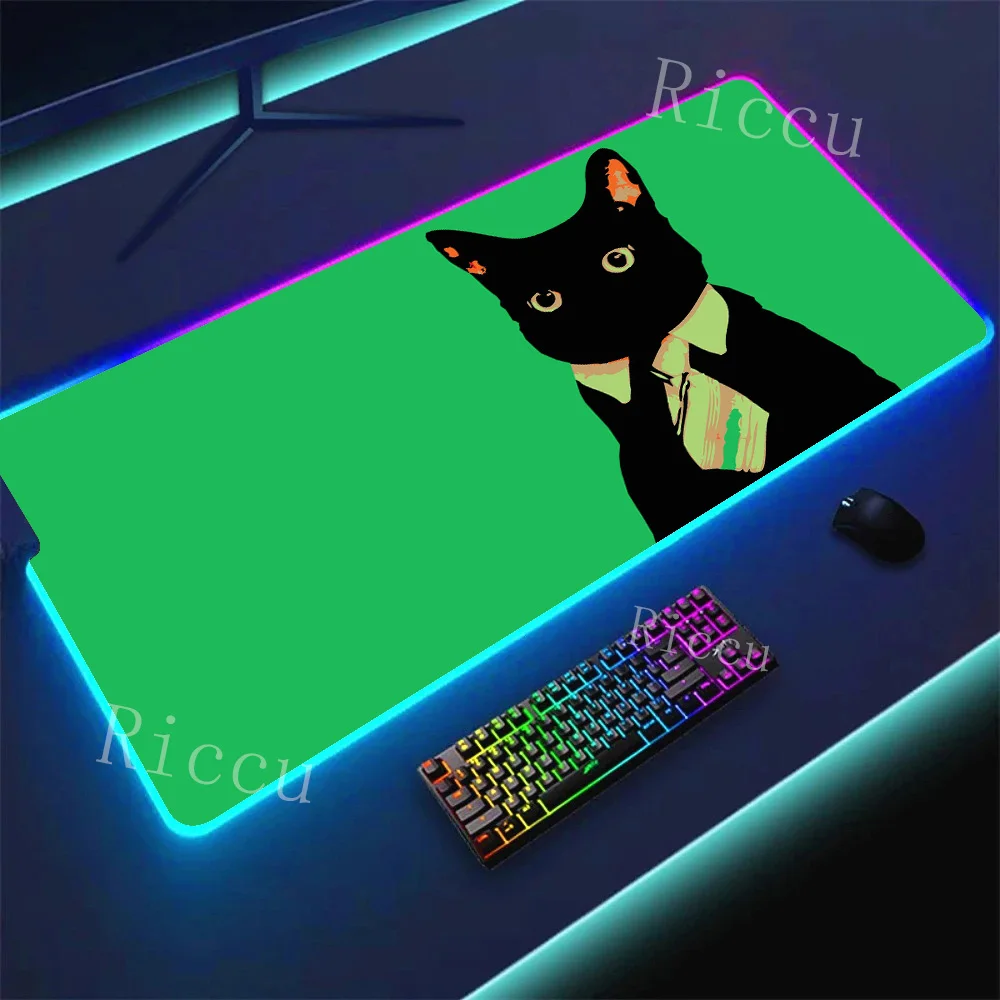RGB PC Gamer Cute Black Kitten Large Mouse Pad Non-Slip Gaming Accessories Computer Mat Laptop Keyboard Kawaii Rubber Mouse pad