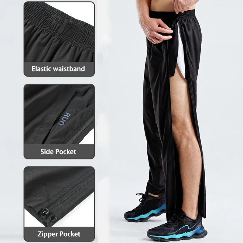 Men Ice Silk Quick Dry Running Pants Loose Straight Leg Gym Fitness Training Trousers with Side Zipper