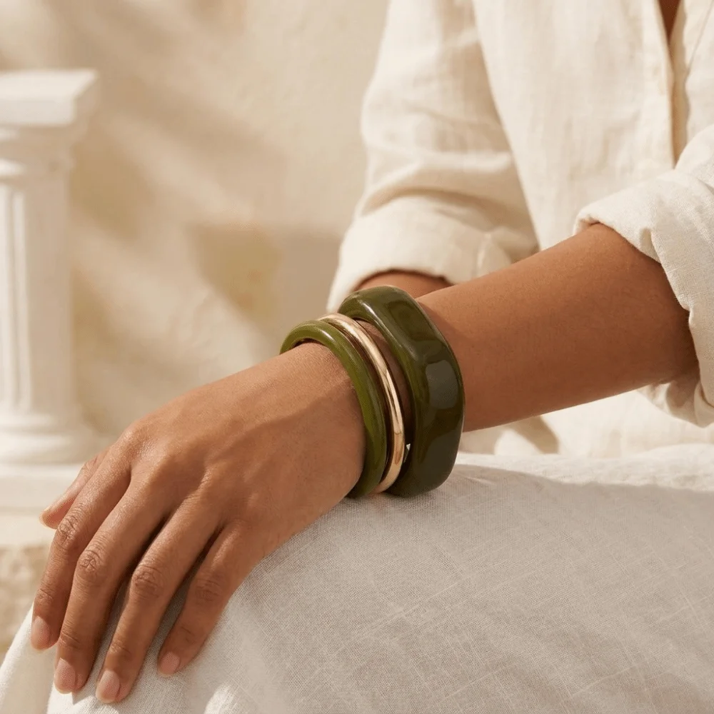 3pcs/set Alloy Resin Twisted Bracelet Irregular Olive Green Geometric Bangle Smooth Texture Minimalist Stackable Wrist Jewelry