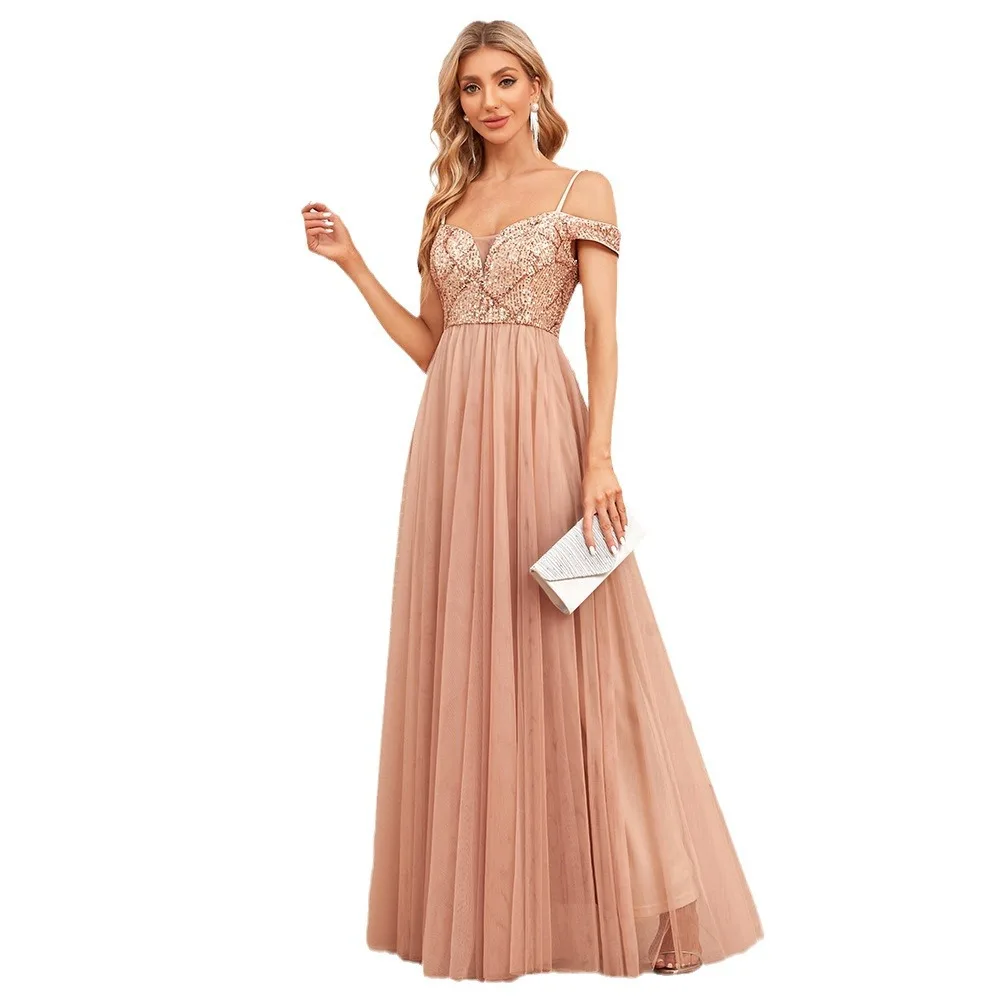 

Sexy Backless Off Shoulder Sequined Chiffon Long Formal Evening Dress