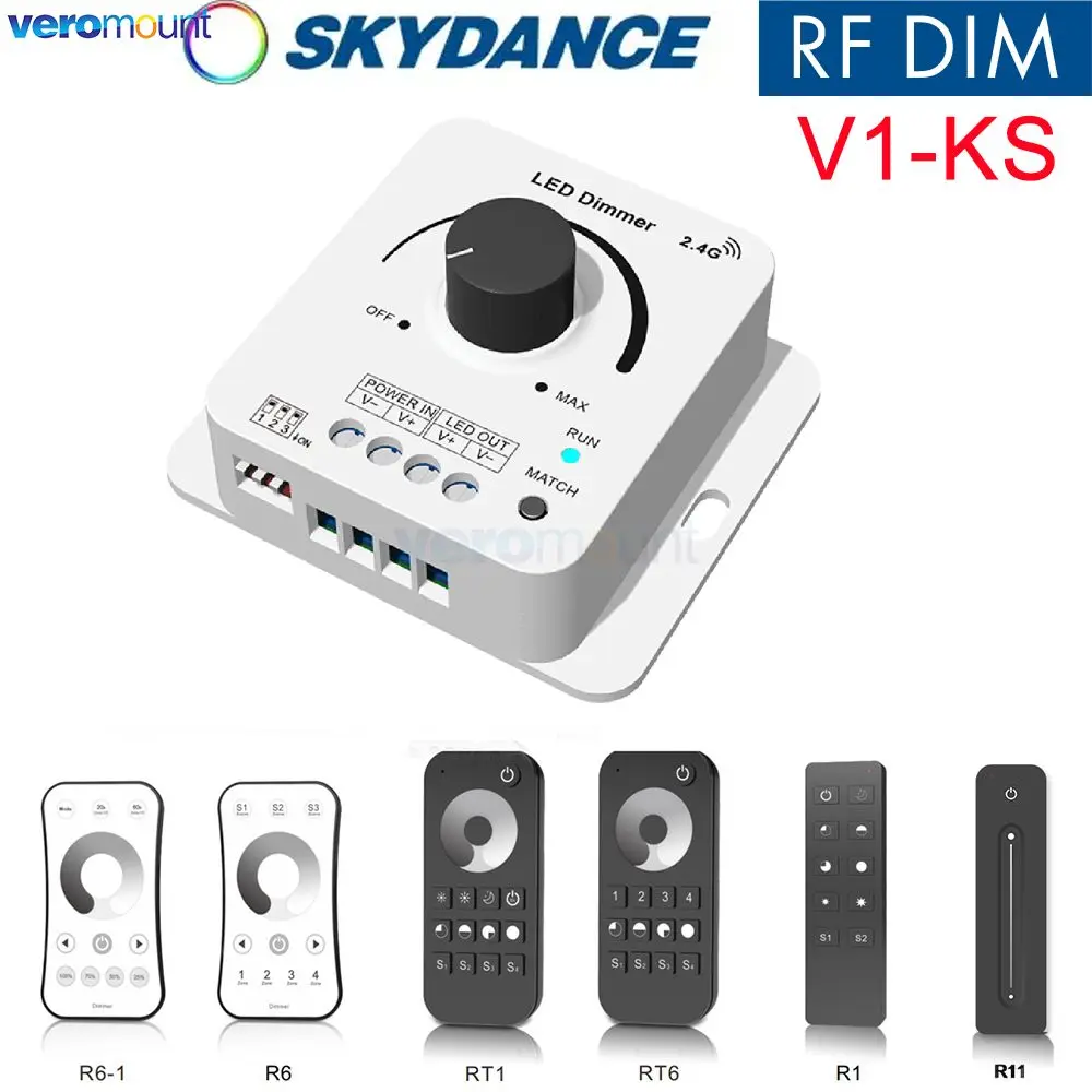 Skydance V1-KS LED Dimmer Controller 12-48V DC Rotary LED Dimmer 1 Channel 8A 2.4G RF Remote LED Dimmer for Single Color Strip