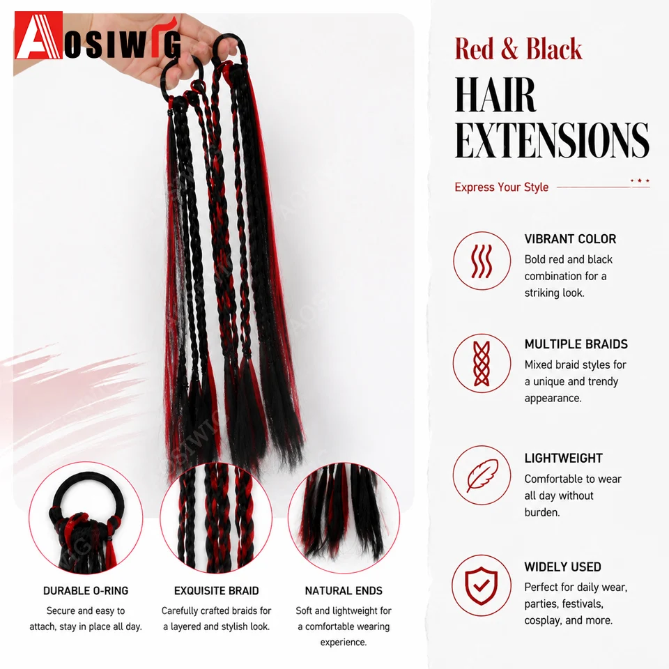 2Pcs Synthetic Elastic Boxing Braids Ponytail Hair Extension Heat Resistant Fiber Red Black Mixed Braided Hair Tie Ponytail Wig