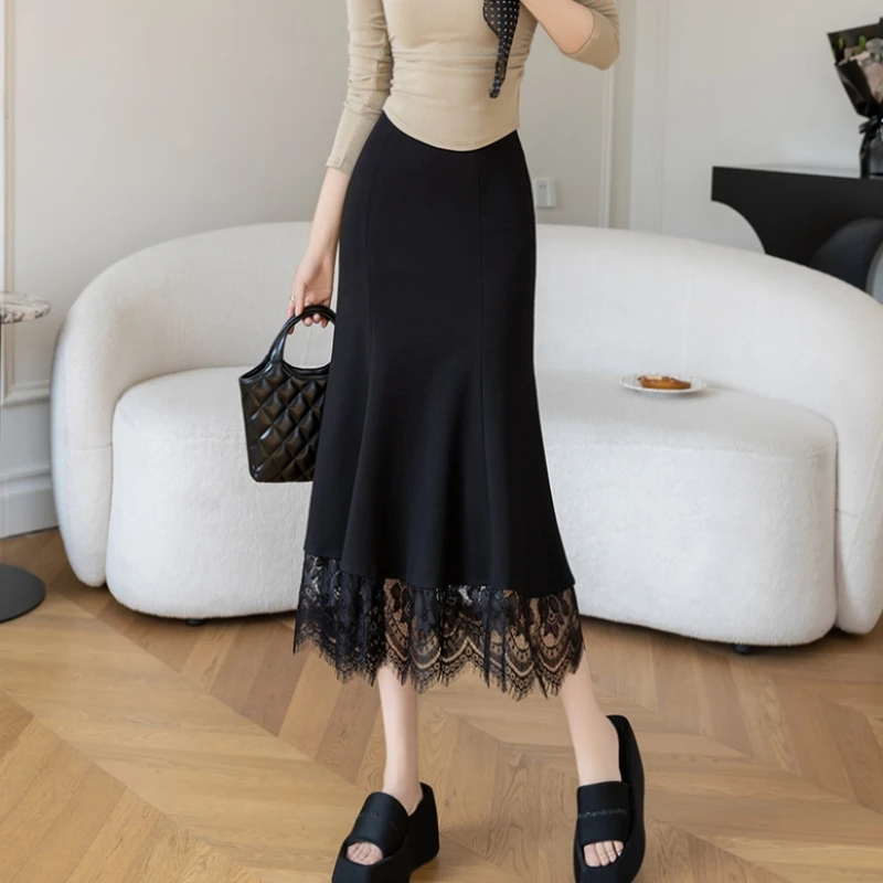 

Кружевная лоскутная женская элегантная юбка-русалка, весенне-летняя одежда, однотонная тонкая корейская офисная женская юбка с запахом на бедрах, длинные юбки