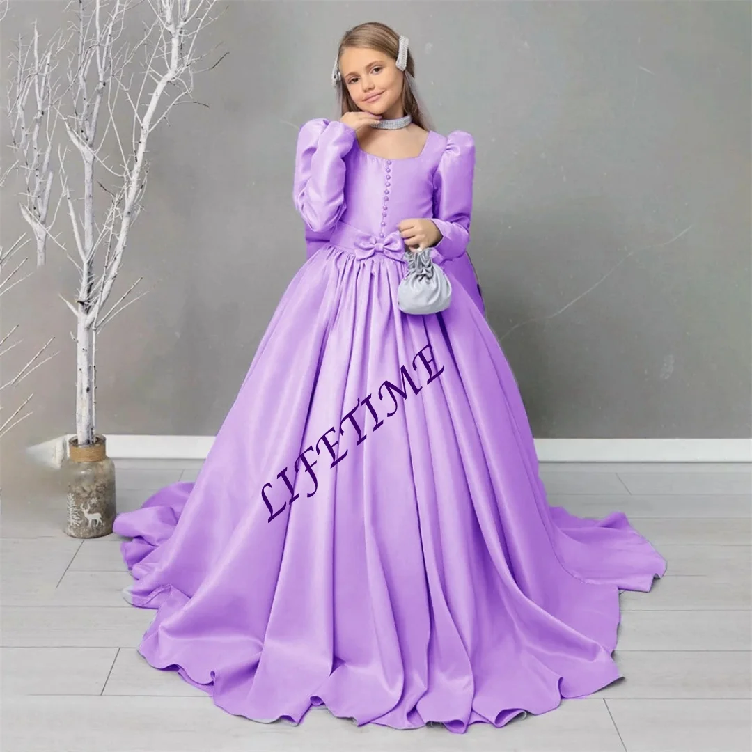 Abito da cerimonia nuziale classico personalizzato con scollo quadrato e maniche lunghe a sbuffo, linea A, per ragazza, lunghezza del pavimento, strascico, prima comunione