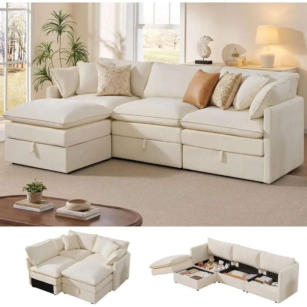 

L-Shaped Cloud Couch with Storage, Ottomans & 4 Pillows, Chenille Deep Seat Sectional for Living Room, Beige