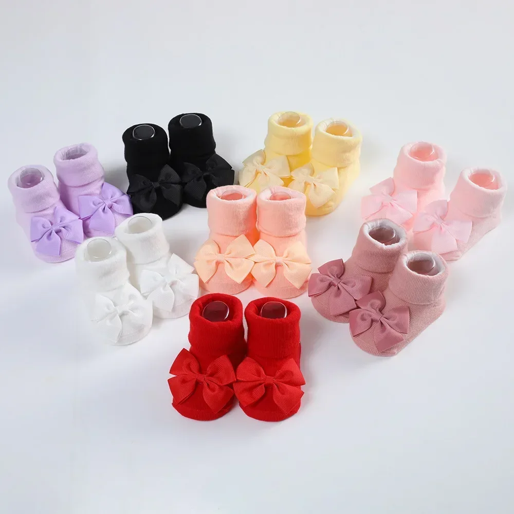 Cotton Baby Socks and Hair Band Set for Newborn Ribbon Bow Headband Baby Girls Breathable Socks Babies Accessories