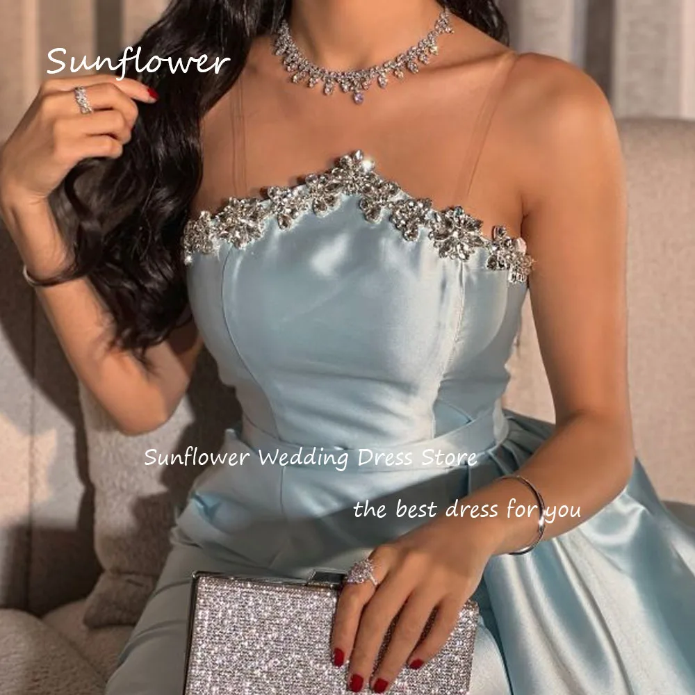 Sunflower Simple Baby Blue Beading Strapless Mermaid Prom dress 2024 Slim Backless Ankle-Length Formal Evening Dress