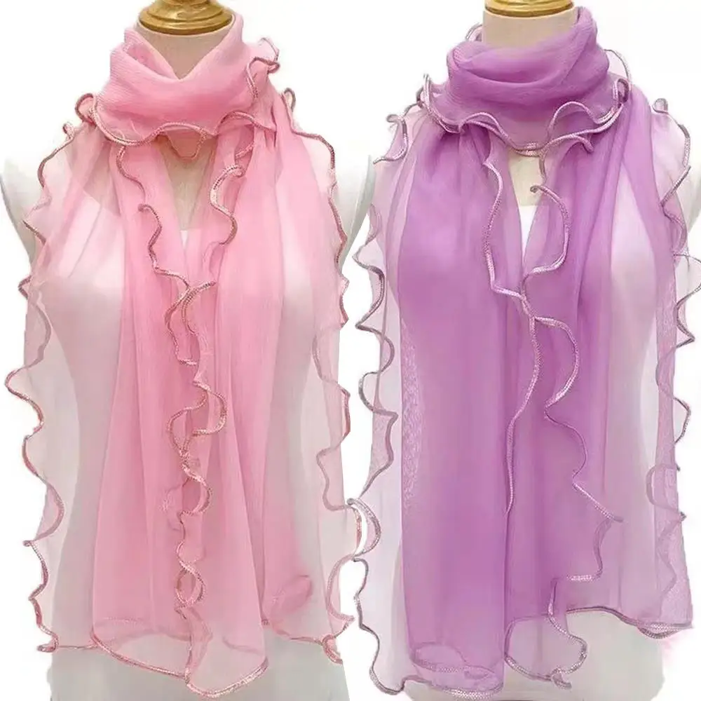 150*40Cm Selendang Tabir Surya Ruffle Jilbab Syal Tepi Melengkung Jaring Berkilau untuk Wanita Handuk Pantai Travel Sejuk Penutup Kepala Tahan Angin