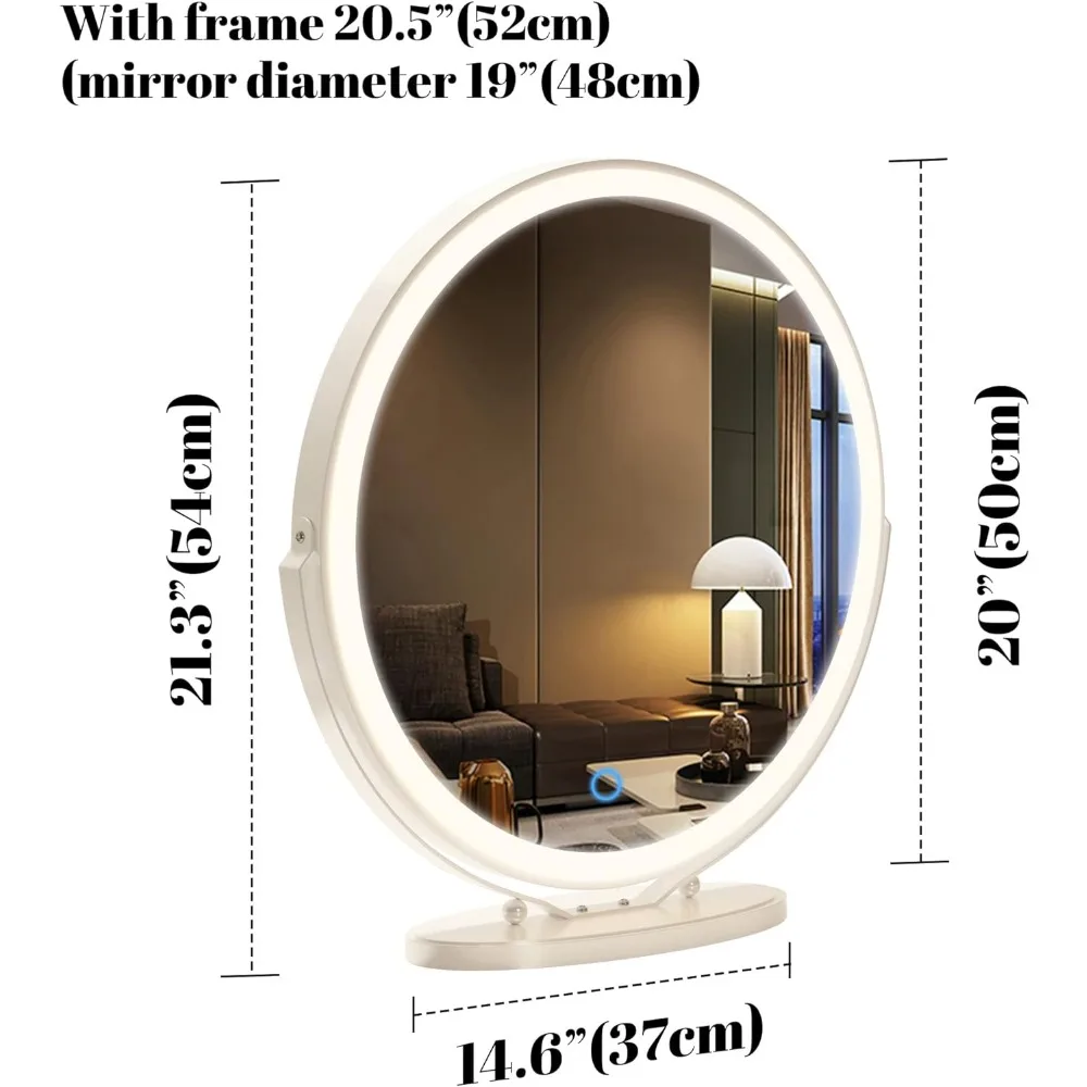 20-inch Vanity Mirror with Lights, Round LED Makeup Mirror, High-Definition Lighted Up Mirror, 3 Color Dimmable, 360° Rotation