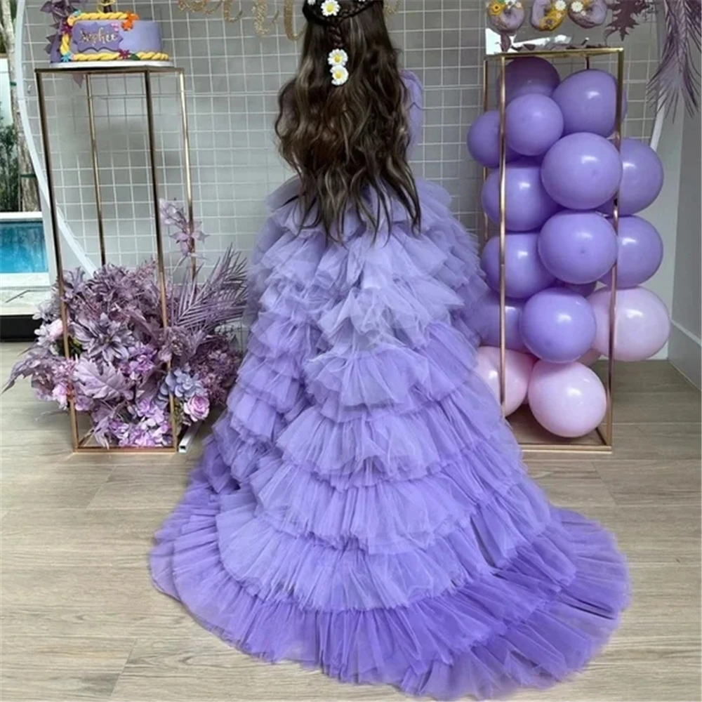 

Flower Girl Dress Elegant Lavender Ombre Kids Child Birthday Gift Princess Dress Photoshoot Long Tail Tutu First Communion Gowns