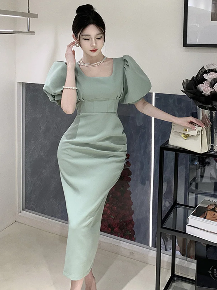 New High Quality Green Evening Party Dress Fashion Summer Women Chic Lantern Sleeve Square Collar Bodycon Split Long Prom Dress