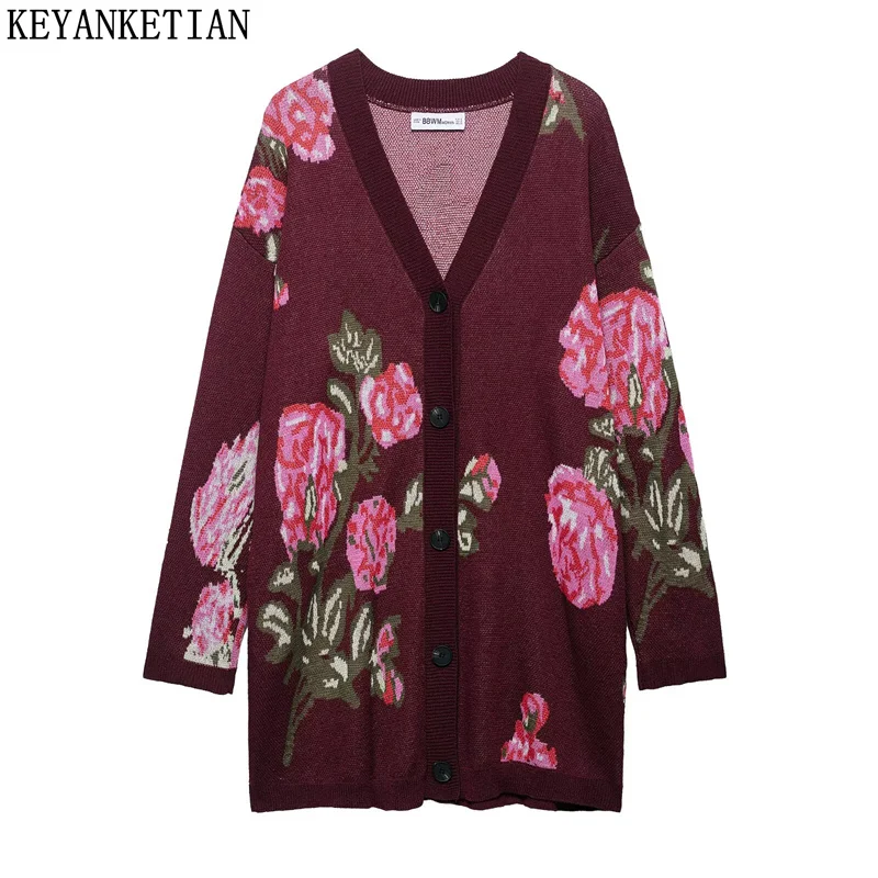 

KEYANKETIAN Spring/Autumn New Women's Rose Jacquard Decorated Knitted Cardigan Retro style V-Neck Single Breasted Sweater Top