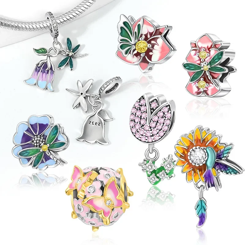 

Sterling Silver S925 Colorful Pansy Daisy Flowers Butterfly Pendant Bead Fit Original Bracelet for Women Fine Jewelry Diy Gifts