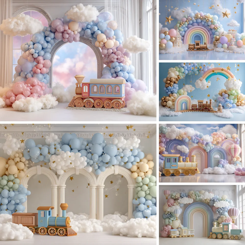 

Train rain Rainbow Soft Clouds Theme Background Newborn Baby Birthday Party Decoration Blue Sky Colorful Air Balloon Kids Gift