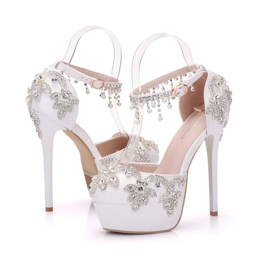 Summer New Women Slingbacks Sandals Open Toe Pumps Rhinestone PU 14CM Thin Heels Sweet Round Toe Dress Woman Shoes White