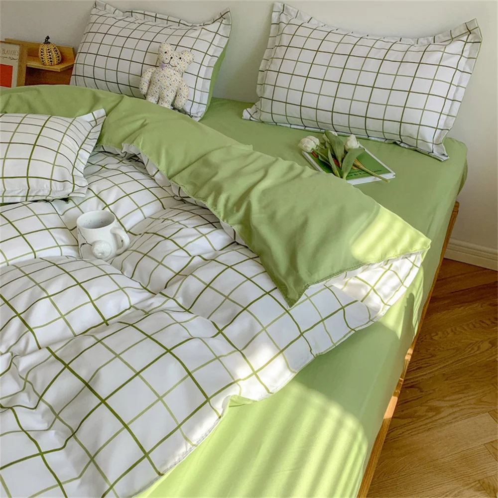 Ins Green Lattice Simple Style Duvet Cover Set and Pillowcases Flat Sheet No Filler Boys Girls Bedding Kit Solid Color Bed Linen