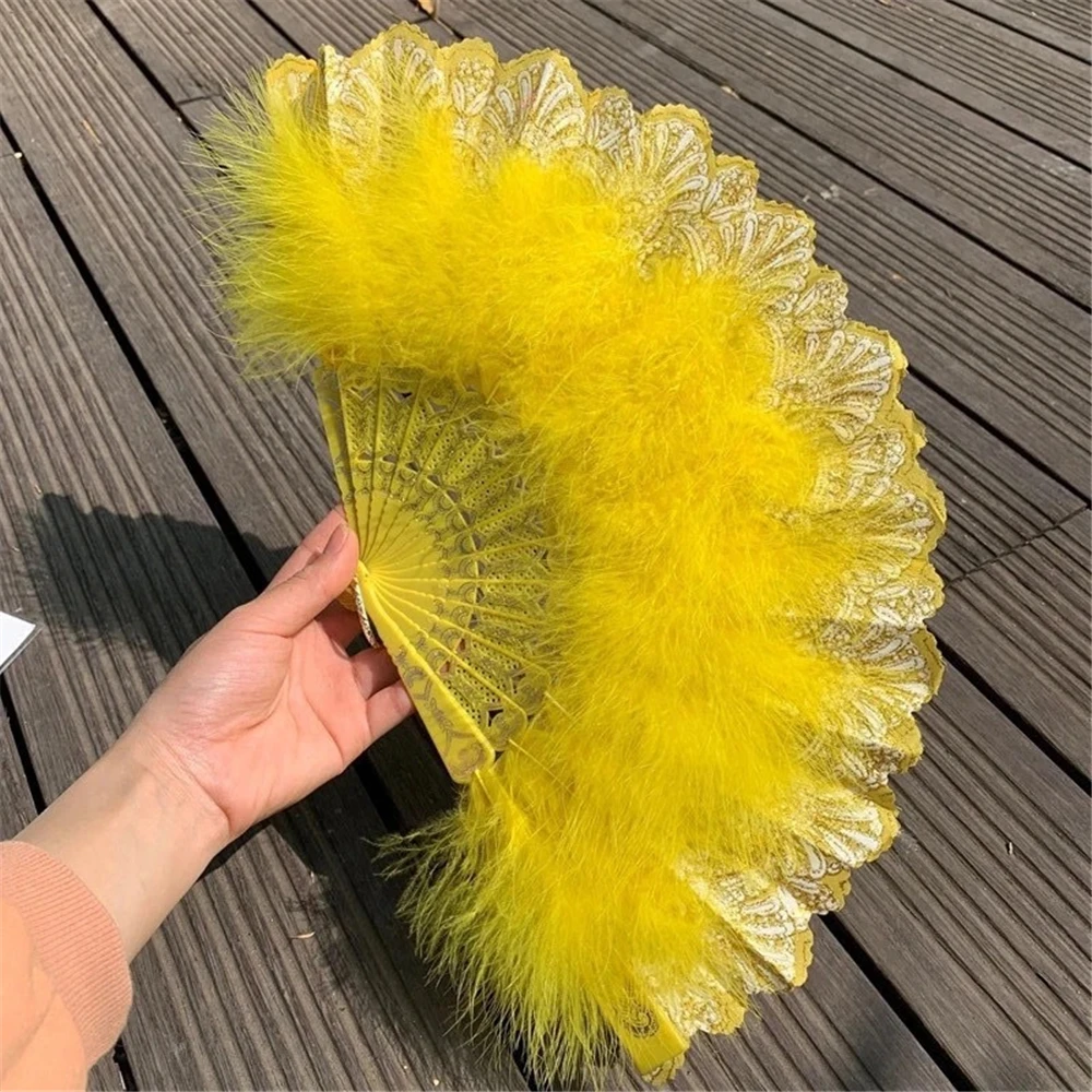 Chinese Style Feather Folding Fans Soft Fluffy Hand Held Wedding Party Gift Girls Dance Lace Fan Cosplay Stage Prop Home Decor