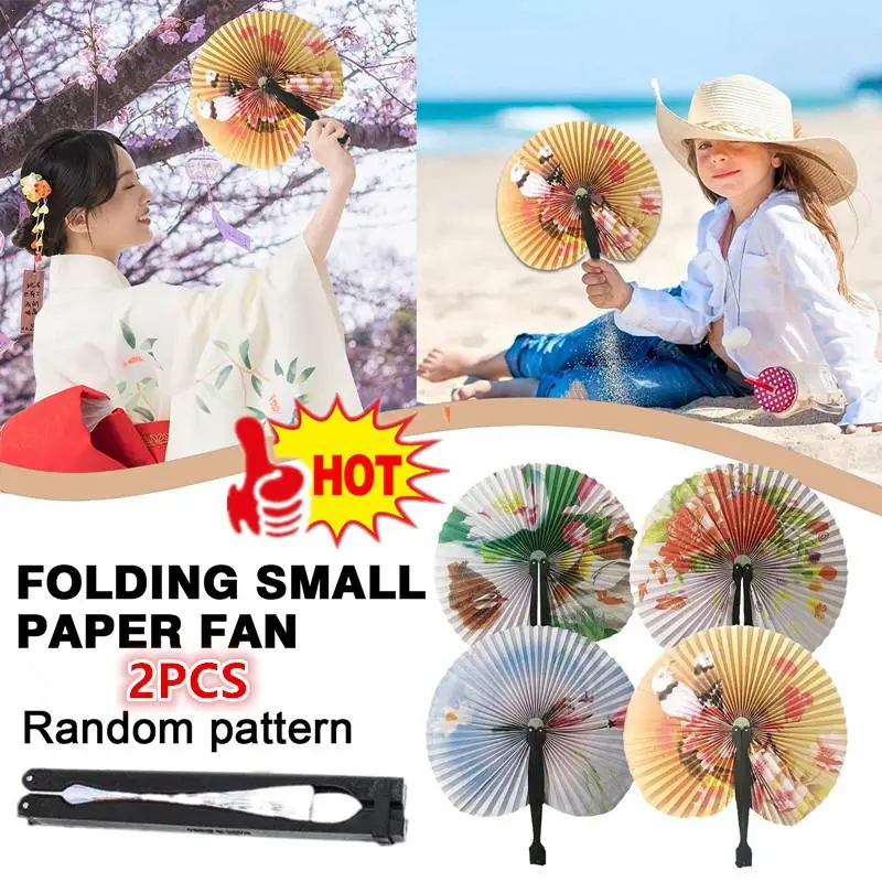 2X Foldable Paper Fan Retro Windmill Small Round Paper Style Gift Printed Fan Fan 1pc Color Hand Party Random Chinese Decoratio