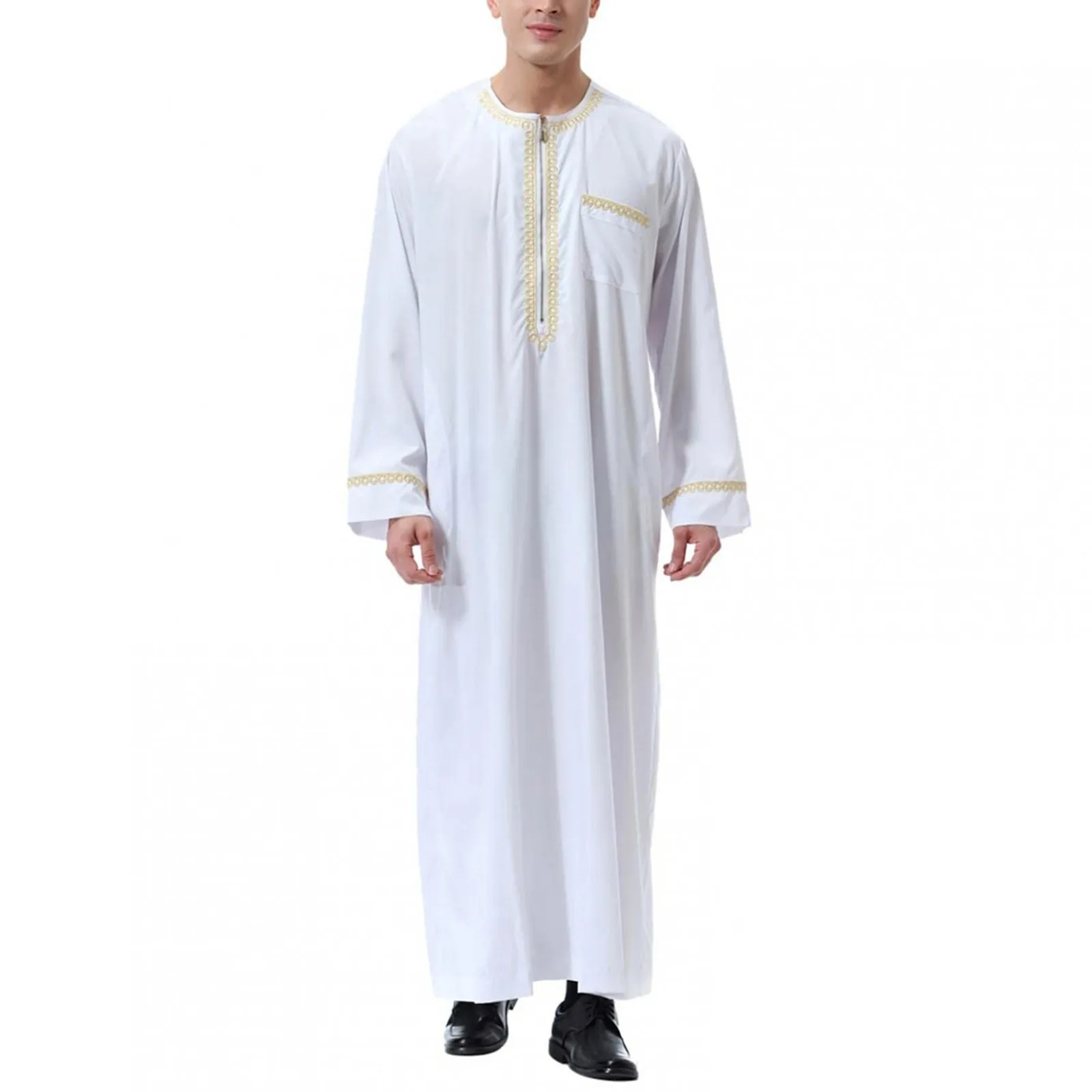 Heren Moslim Shirt Eenvoudig Bedrukt Patchwork Kaftan Islamitische Royalty Dubai Robe O-hals Lange Mouw Retro Losse Jubba Thobe