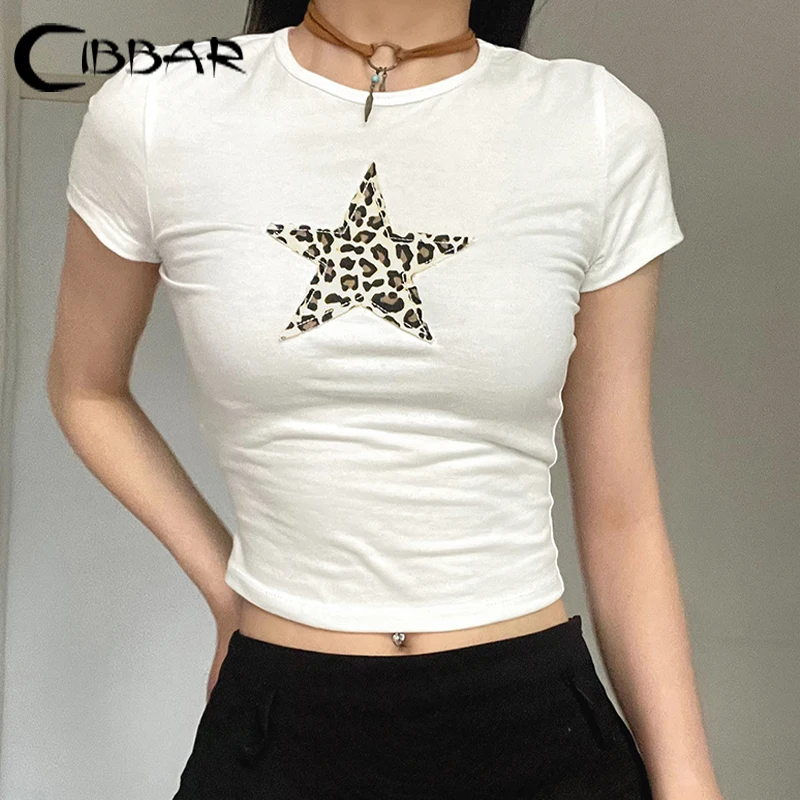 CIBBAR y2k Leopard Print Basic T-shirt Summer Streetwear Star-shape Stitching White Short Sleeve Cropped Top Summer Casual Tees