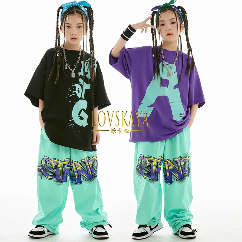 

Hip Hop Outfit Modern Jazz Dance Costume Girls Performance Wear Loose Cotton T-Shirt Pants