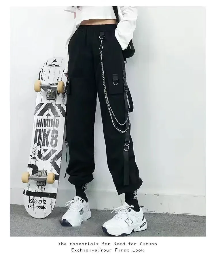 Schwarze Freizeithose für Damen im Frühling und Herbst, koreanischer Stil, Ins Hip-Hop-Student, lockere, hoch taillierte, schmal geschnittene Cargohose, trendig – Detail 13