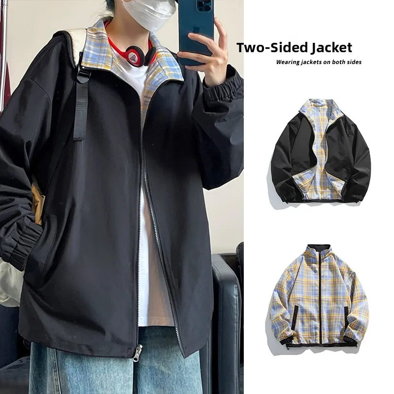 

Мужская толстовка-куртка Bla Two-Sided Wear Plaid, уличный стиль, пилотский крой, весна-осень, свободный крой, молодежный стиль, дышащая ткань...