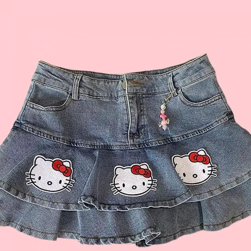 Sanrios Hello Kitty Kawaii Anime Schattig Meisje Y2K Millennium Hot Girl Denim Korte Rok Mode A-lijn Mode Taart Halve Rok