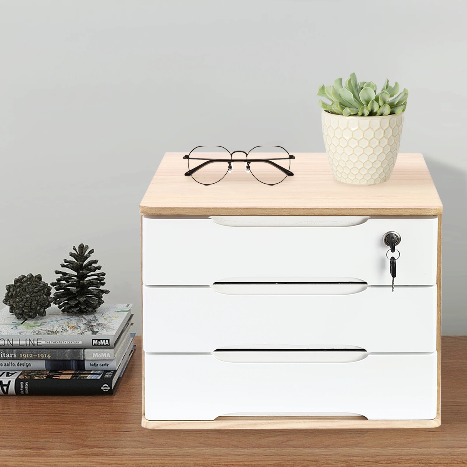 Log branco paulownia 15.35x11.81x12.2 Polegada armário de armazenamento bloqueado de três camadas gaveta caixa de armazenamento de mesa armário de classificação de madeira