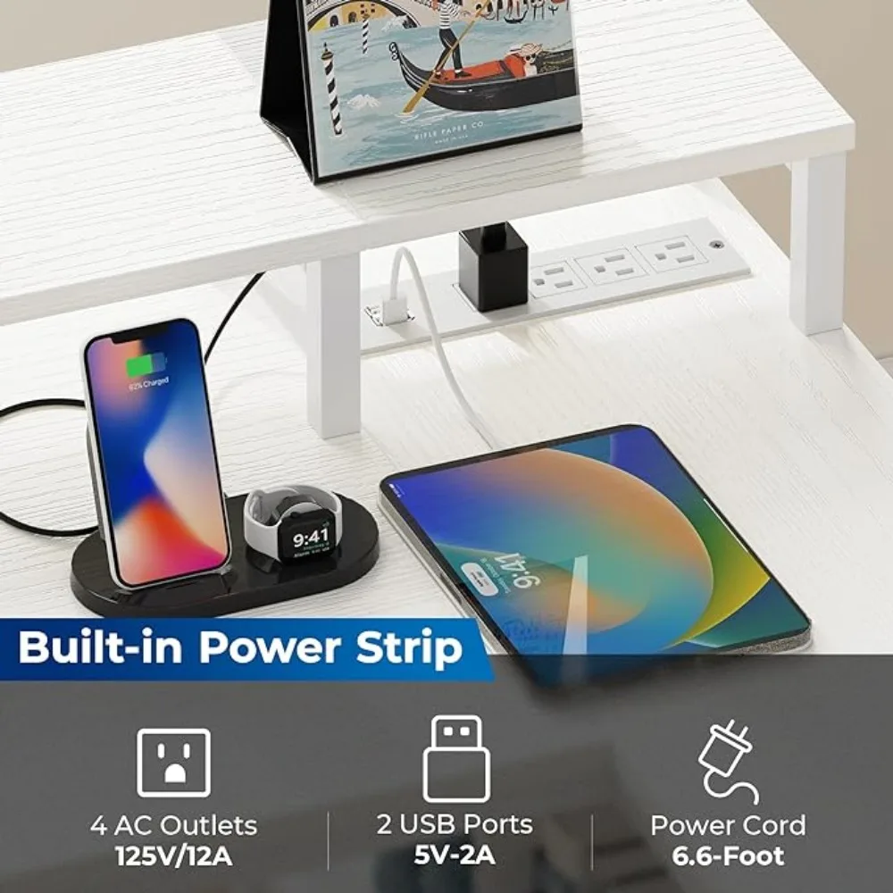 SUPERJARE 53 Inch L Shaped Desk with LED Lights & Power Outlets, Reversible Computer Desk with Shelves & Drawer