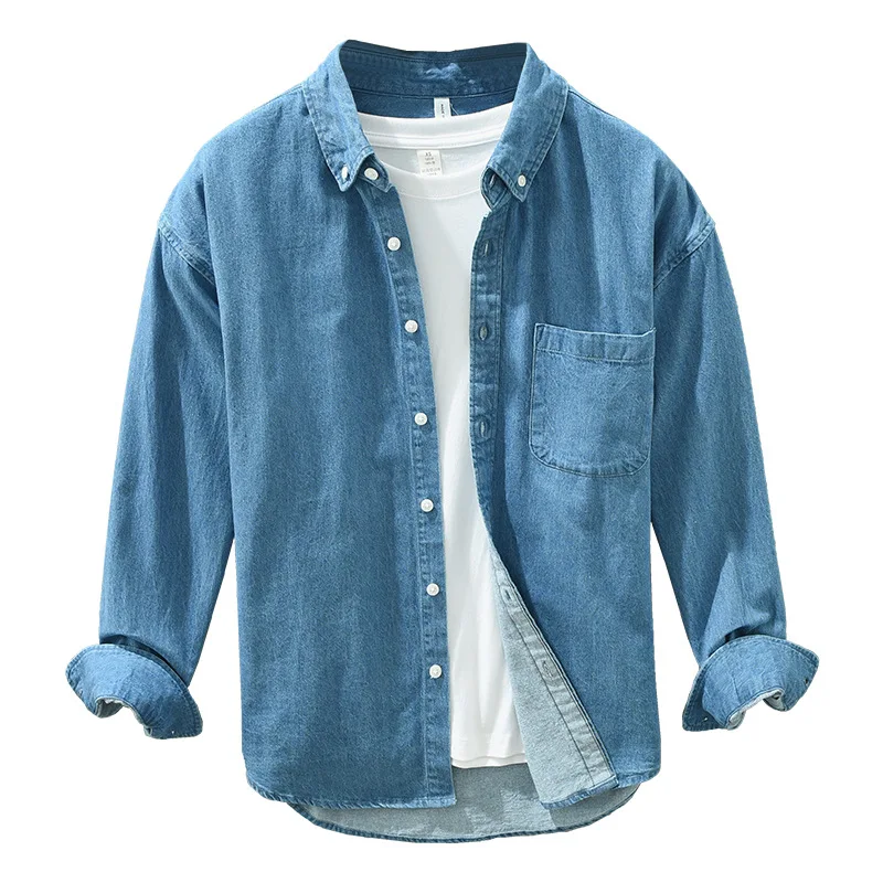 

Classic Long Sleeve Denim Shirt Men Casual Loose Cowboy Shirt 100%Cotton Washed Light Blue Jean Shirts Man Japan Vintage Clothes