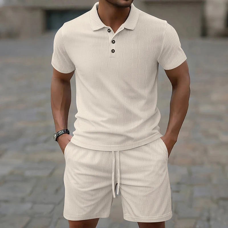 Trendy Mens Jacquard Two Piece Set Vintage Button Lapel Short Sleeve Tops And Shorts Men Outfits Summer Daily Casual Solid Suits