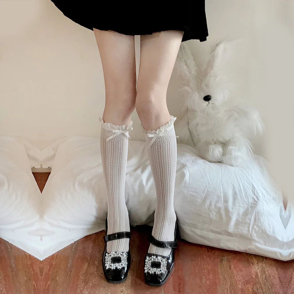 Medias de encaje ahuecadas con lazo para mujer, calcetines de rejilla de tubo medio JK Lolita, Color sólido, blanco y negro, Verano