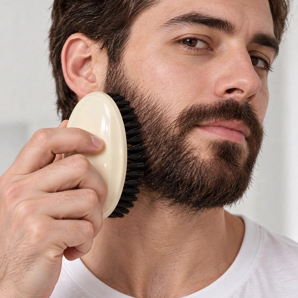 Men's Portable Boar Bristle Beard Brush, Oval Palm-Sized Beard Grooming Brush, Smooths and Shapes Messy Beards, Relieves Beard Itchiness, Daily Facial Hair Care Tool, Men's Thanksgiving Gift