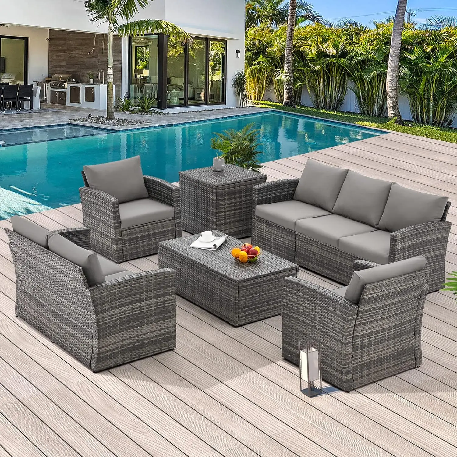 

7pcs Patio Furniture Set w/2 Storage Boxes, Outdoor Rattan Conversation Set,All-Weather PE Wicker Sectional Sofa for Backyard