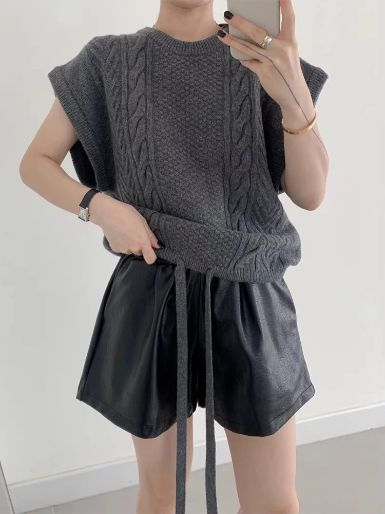 

Chic Vintage round Ne Knitted Vest Sweater Women's Dstring Bot Design Linen Pattern Autumn New Sle Commute Loose Fit