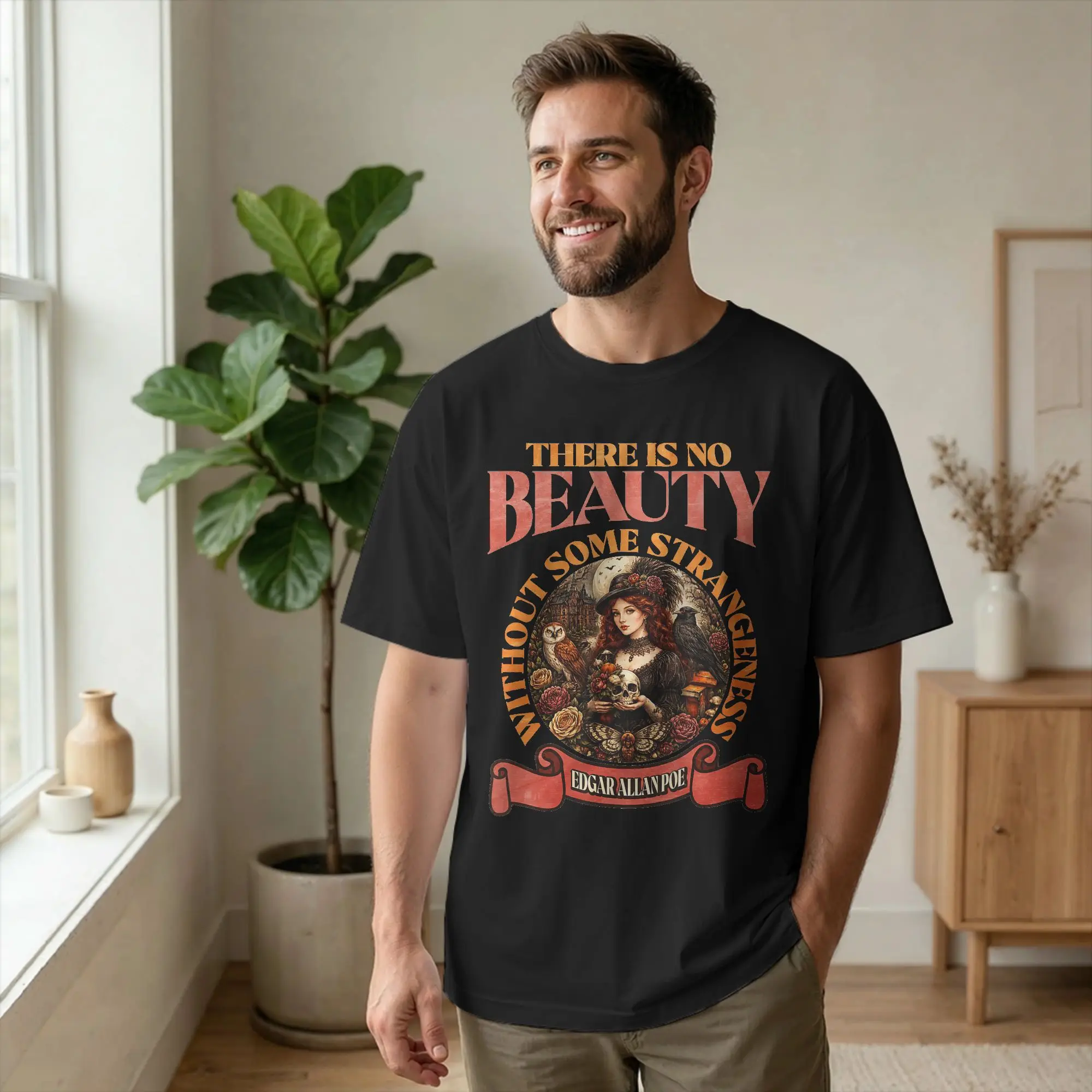 Vintage Beauty Strangeness Edgar Allan Poe T-Shirt Men Crewneck Cotton T Shirt Poet Short Sleeve Tee Shirt 4XL 5XL 6XL Tops
