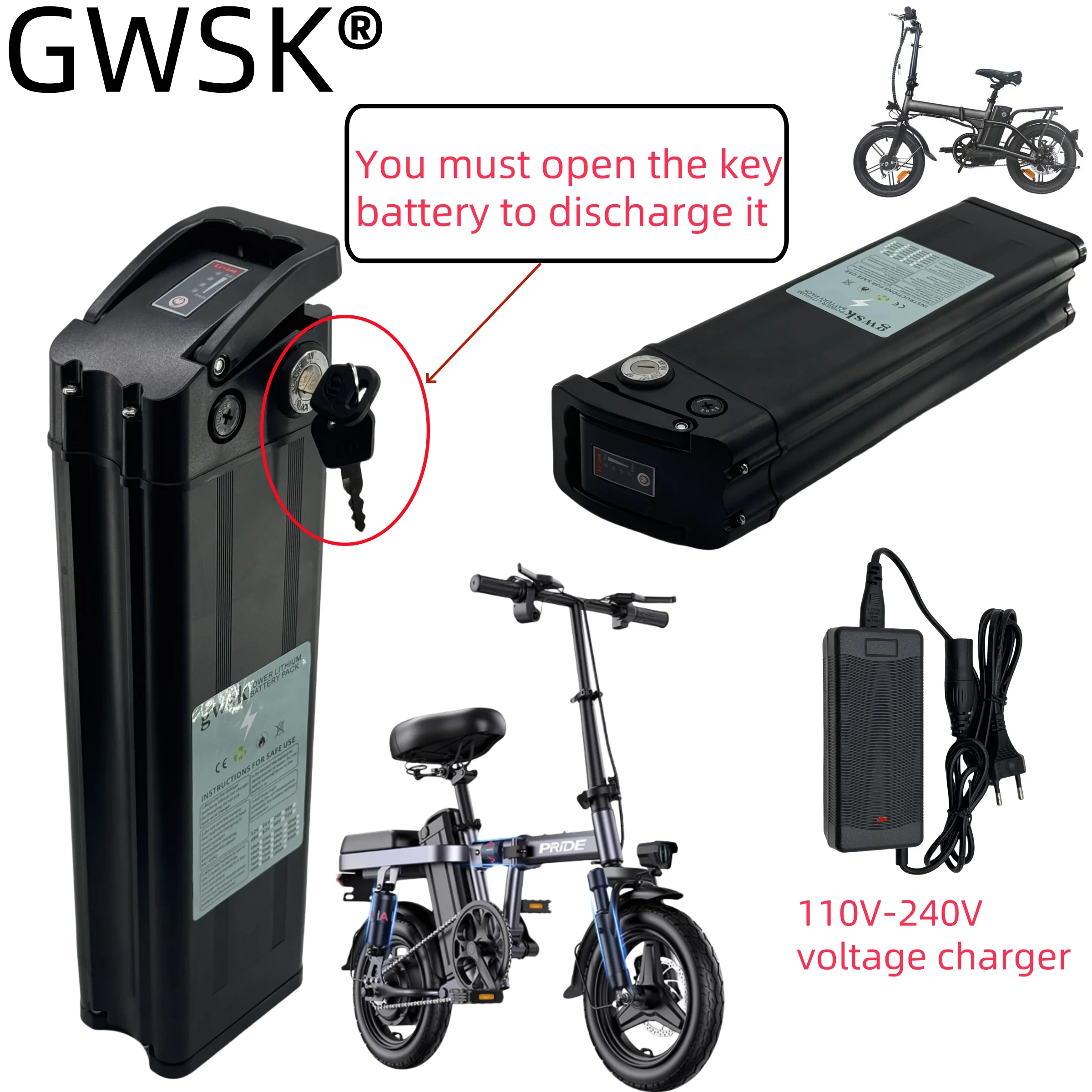 النقل الجوي، 48V36V24V، 20AH-50AH سعة حقيقية 100%، بطارية ليثيوم على شكل سمكة فضية مكونة من 4 سنون + شاحن #4