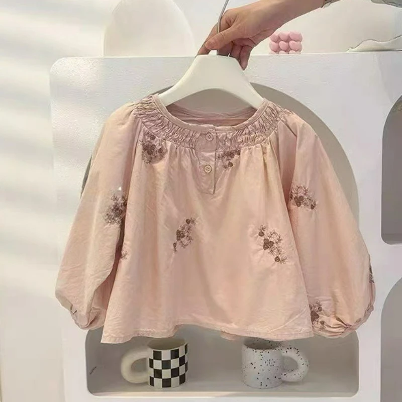 Nature Inspired 2025 Fall Toddler Girls Long Sleeve Shirt Embroidered flowers Cotton Casual Elegant Top Fashionable