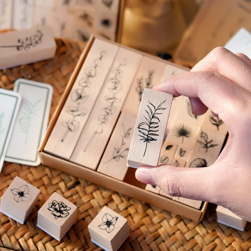 22Pcs Vintage Leaves Branches Wooden Stamps Retro Plant Rubber Stamps For Scrapbook Journal DIY Craft Stamps
