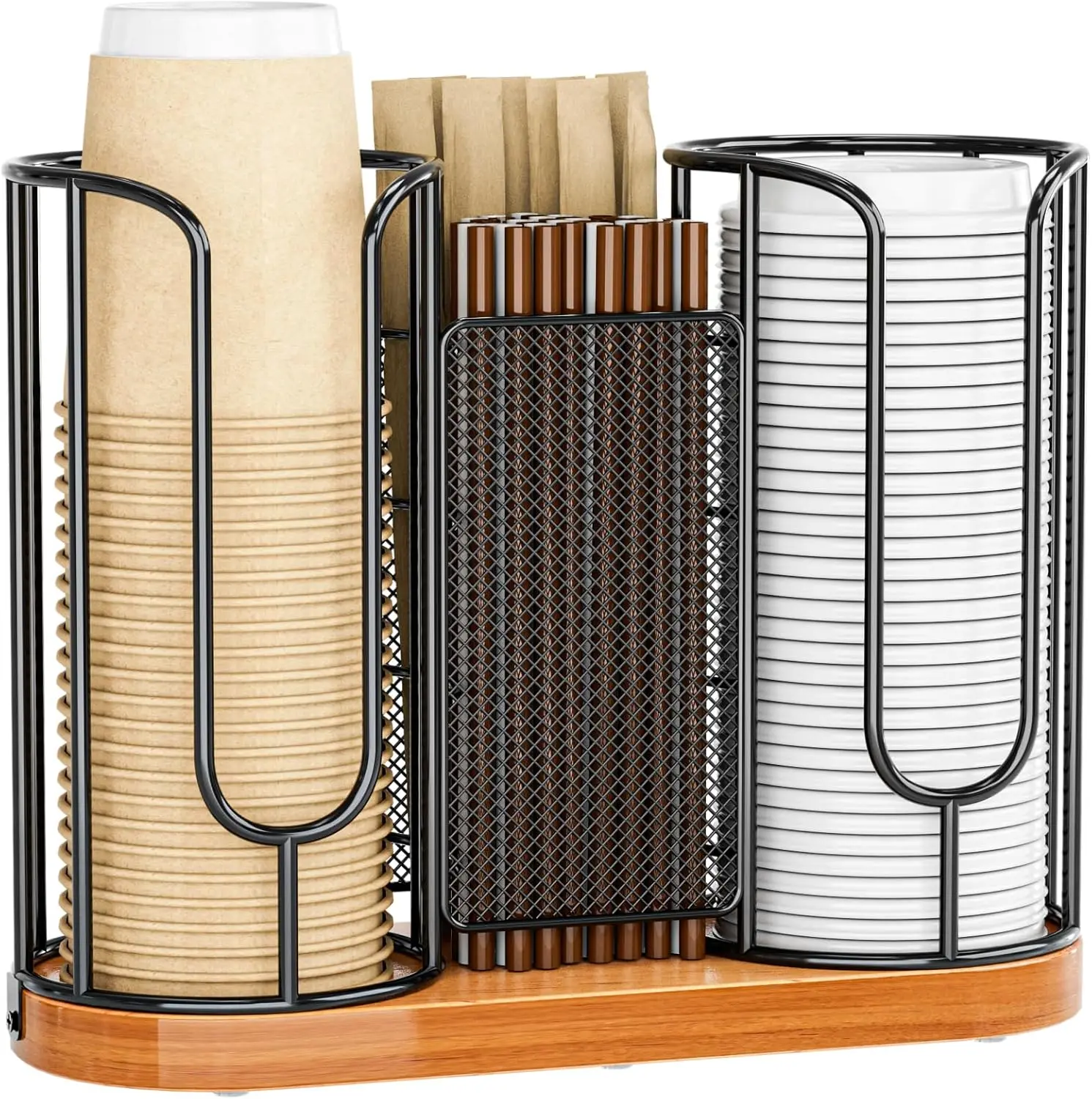 

Coffee Cup & Lid Holder with Wooden Base - Disposable Cup Organizer for Countertop