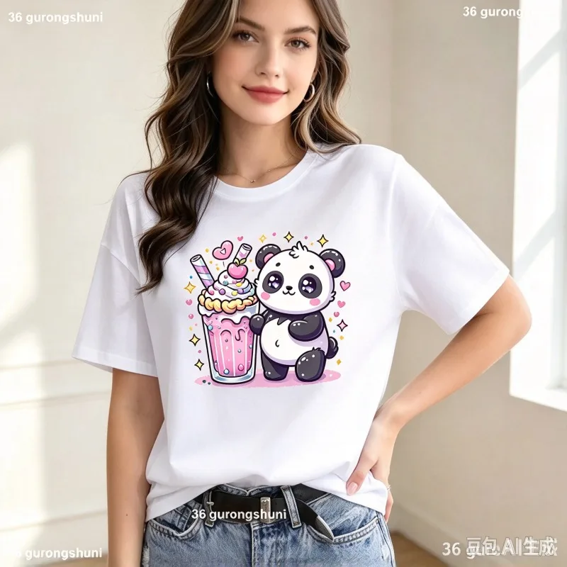 Women Panda Drink T-Shirt Cute Panda Pink Bubble Tea Print Top Modal Casual Funny Animal Lover Daily Gift Graphic Tee