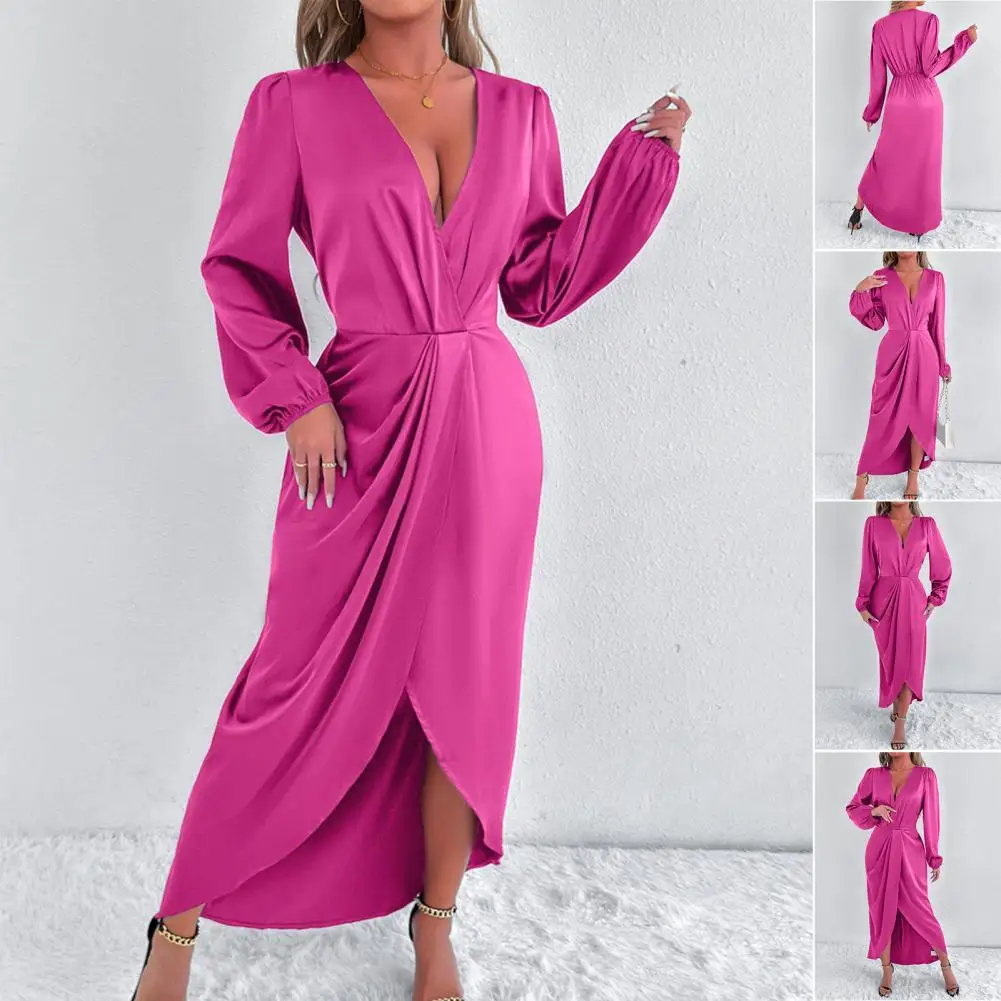 Vestido maxi de festa de noite de cetim feminino drapeado seda com decote em v manga longa senhora do escritório vestidos midi sexy chique robes longue