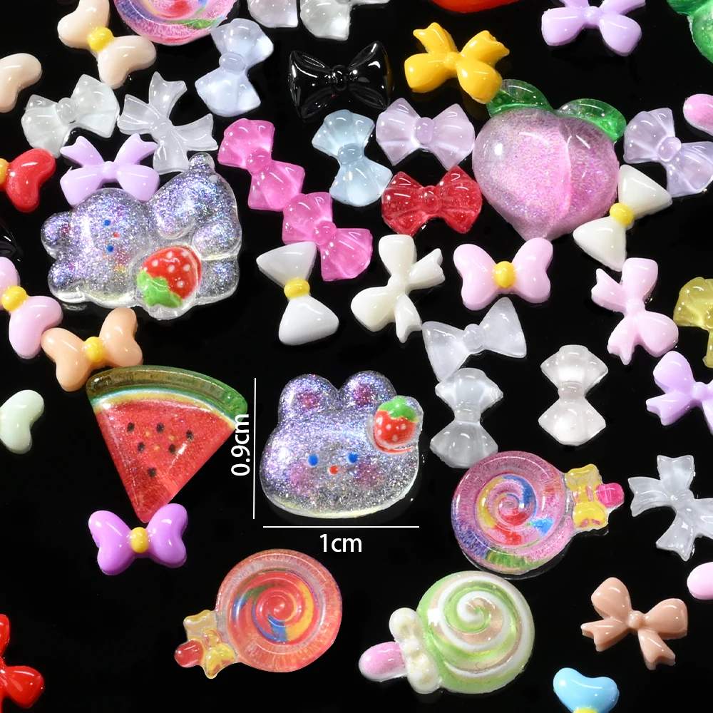 12 Griglie 3D Kawaii Mini Bowknot Resina Nail Art Fascino Ghiaccio Trasparente Lecca-lecca Coniglio Frutta Unghie Strass Carino Papillon Manicure
