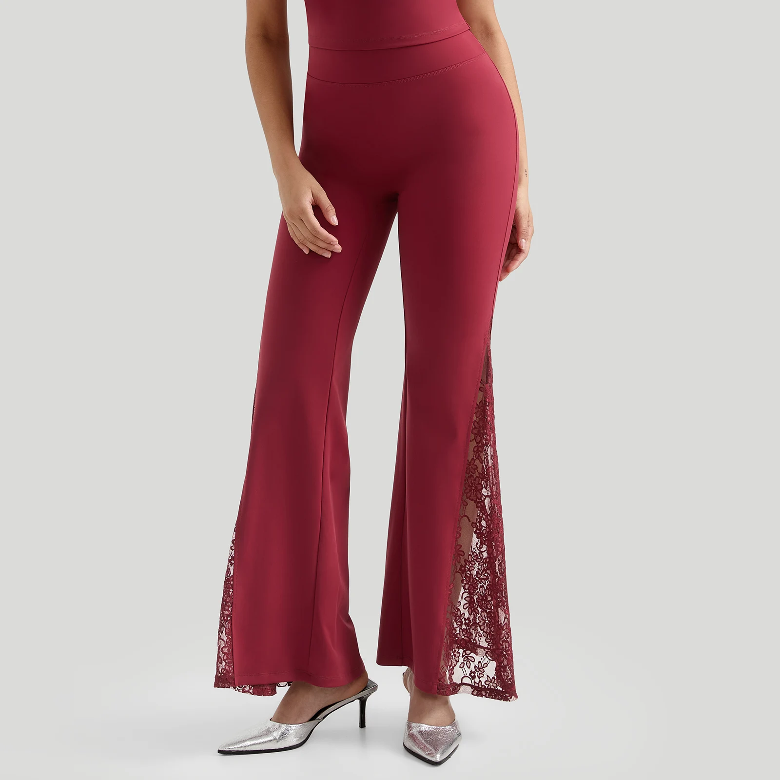 Women Punk Sexy See Through Lace Patchwork Flare Pants Streetwear High Waist Wid Leg Vintage Trousers Y2k Pants Female
