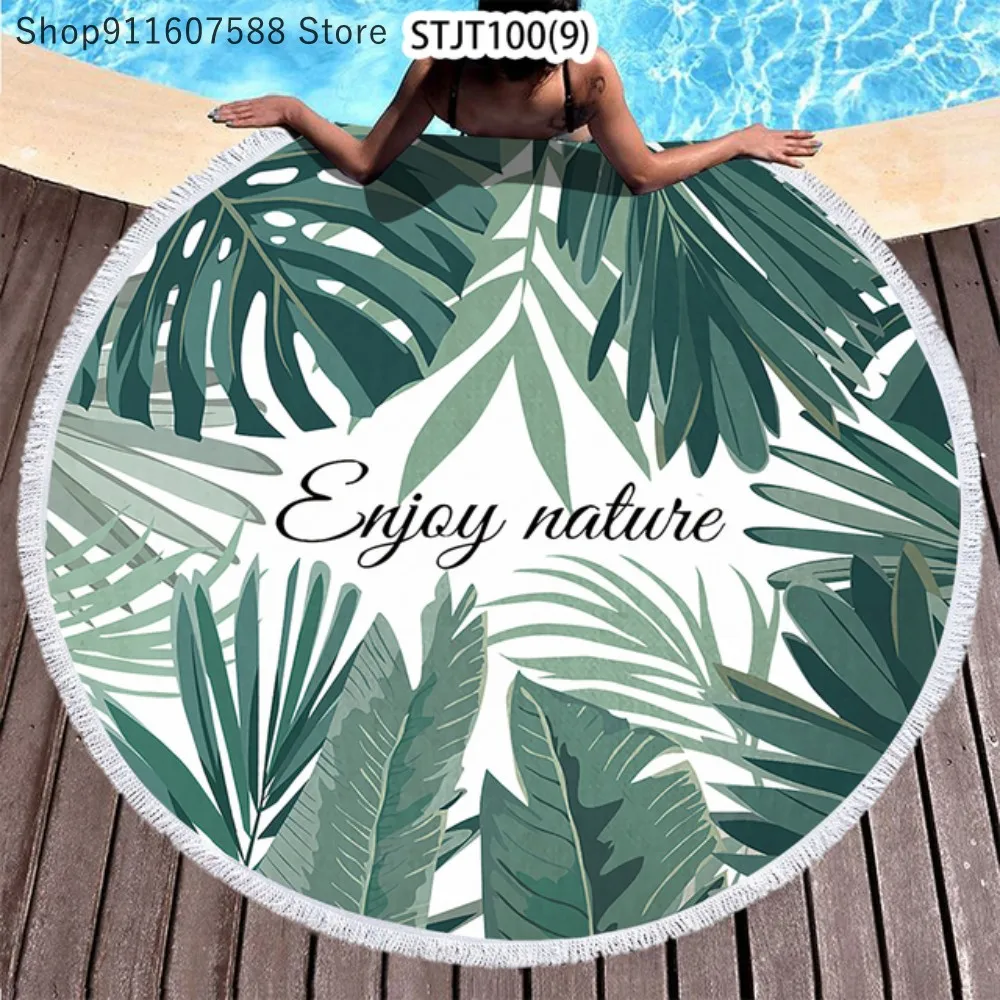 

Soft Microfiber Beach Towel Leaf Absorbent Beach Simple Towel Green Plant Print Round Beach Towels Printing Custom 150cm