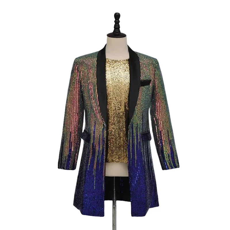 

Multi-color Sequins Stripes Suits Jacket Long Coat Men Singer Host Magician Evening Party Stage Performance Blazers Plus Size